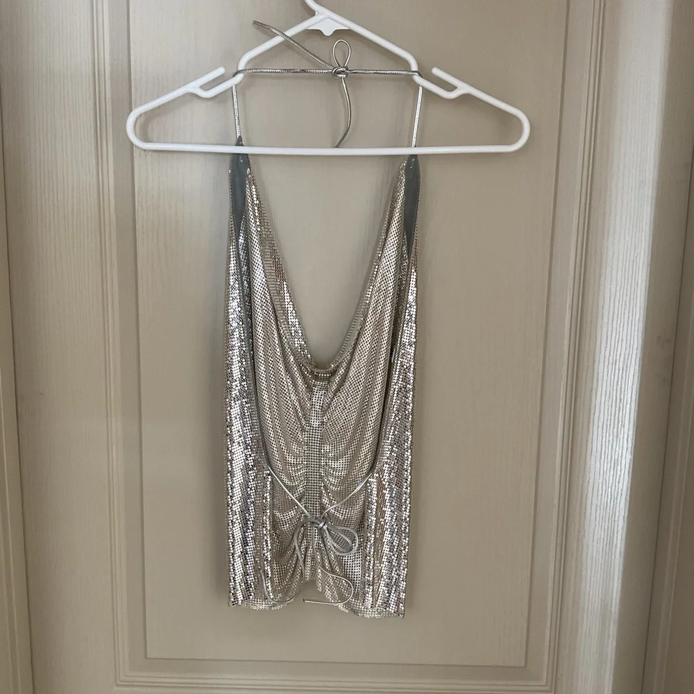 Whiting & Davis Liquid Metal Silver Mesh Halter Top Vintage USA - Picture 2 of 12